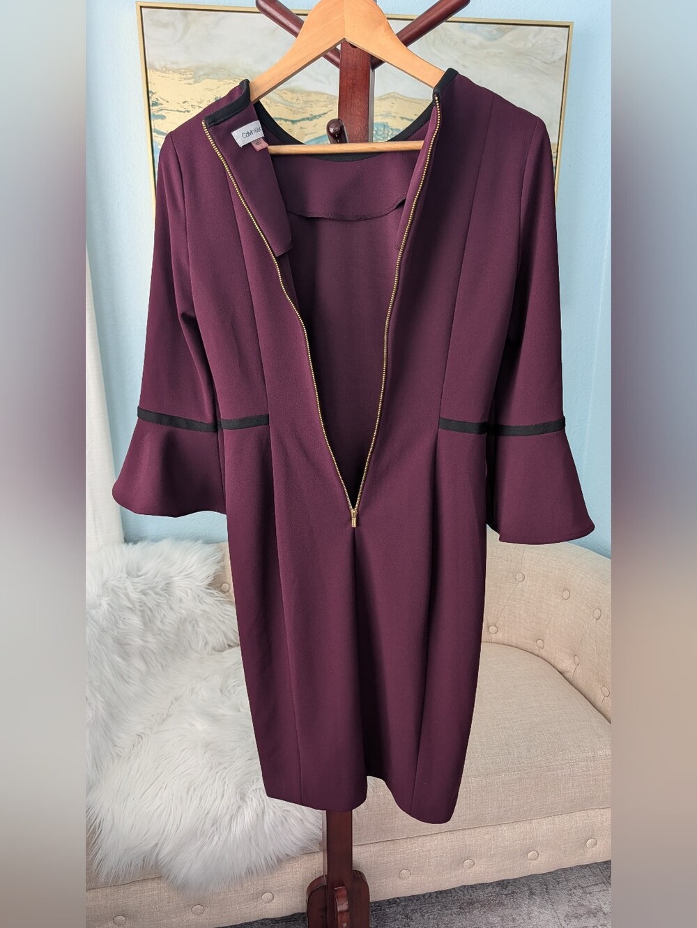 Calvin Klein Dress Bell Sleeve Gold Zipper Woman's Sz 4 . - Picture 6 of 12
